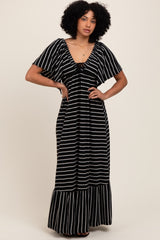 Black/ Cream Stripe Knit Flutter Sleeve V-Neck Tiered Maxi Dress