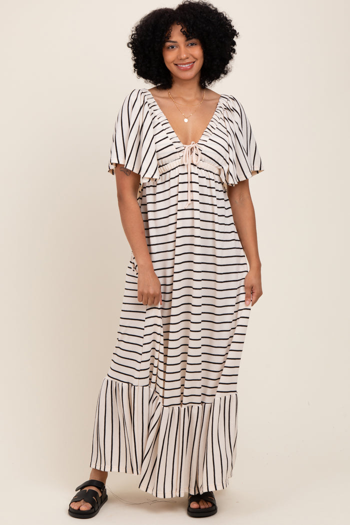 Cream/ Black Stripe Knit Flutter Sleeve V-Neck Tiered Maxi Dress