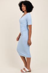Light Blue Striped Short Sleeve V-Neck Midi Dress