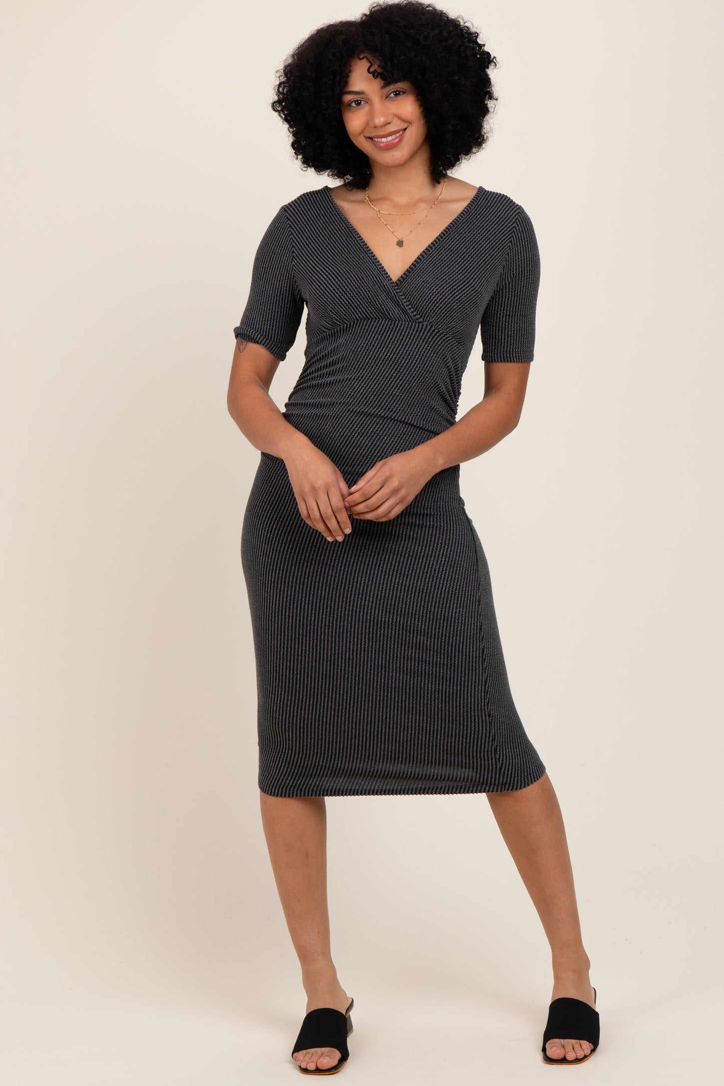 Charcoal Striped Short Sleeve V-Neck Maternity Midi Dress