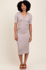 Mocha Striped Short Sleeve V-Neck Maternity Midi Dress