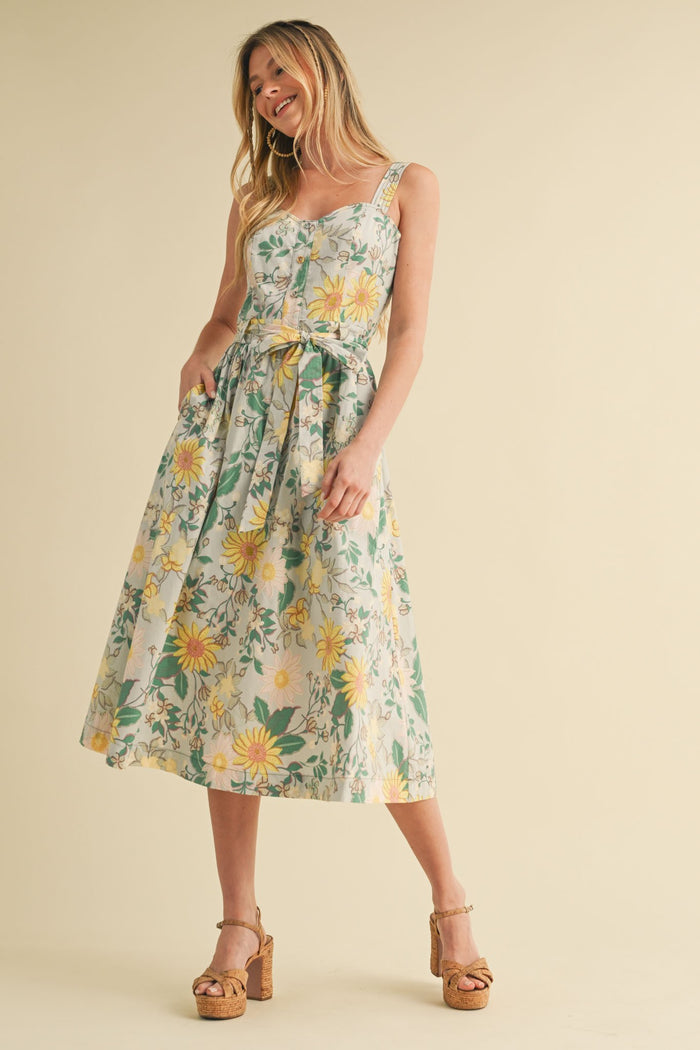 Green Floral Button Front Sash Tie Midi Dress