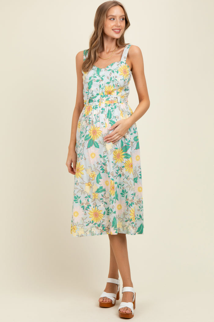 Green Floral Button Front Sash Tie Maternity Midi Dress