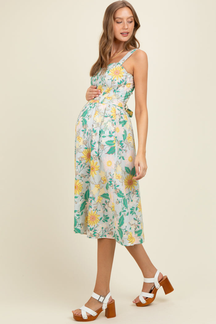 Green Floral Button Front Sash Tie Maternity Midi Dress