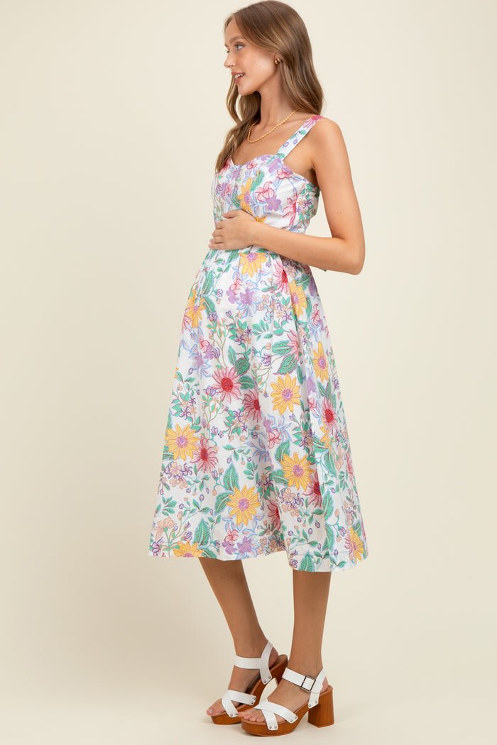 Ivory Floral Button Front Sash Tie Maternity Midi Dress