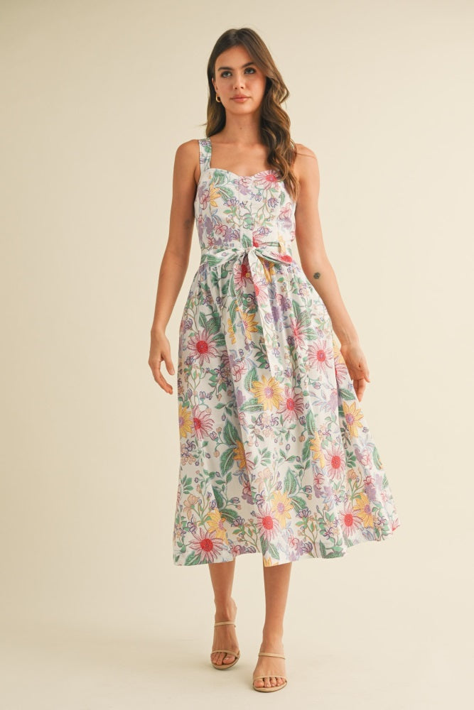 Ivory Floral Button Front Sash Tie Midi Dress