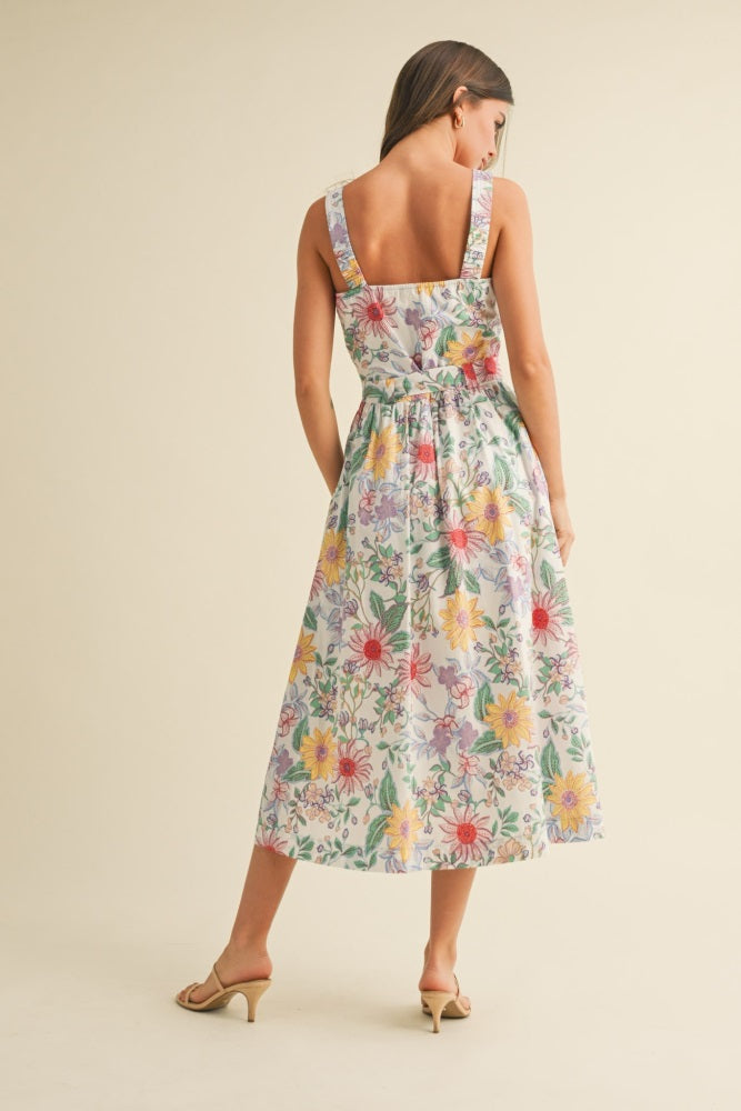 Ivory Floral Button Front Sash Tie Midi Dress