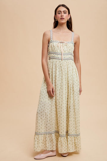 Blue Floral Ribbon Detail Sleeveless Maxi Dress