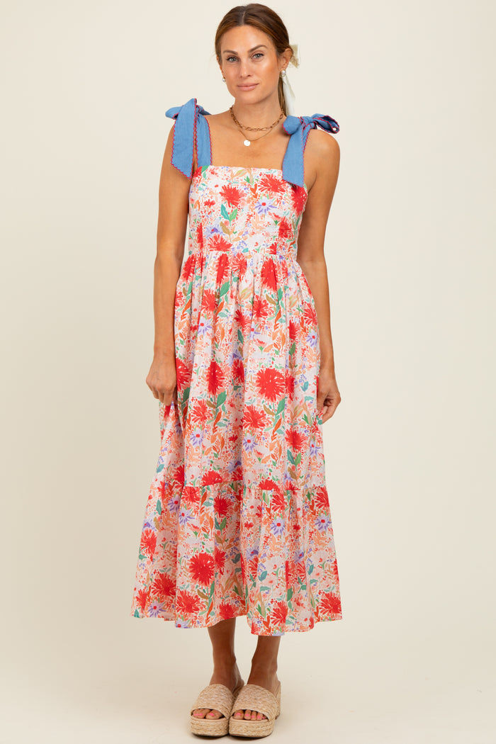 Red Floral Contrast Shoulder Tie Midi Dress