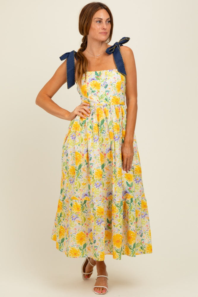 Yellow Floral Contrast Shoulder Tie Maternity Midi Dress