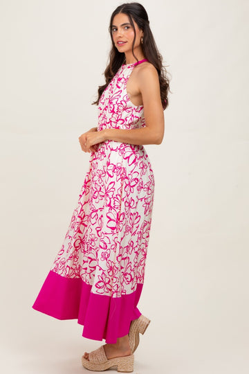 Fuchsia Floral Bow Tie Sleeveless Midi Dress