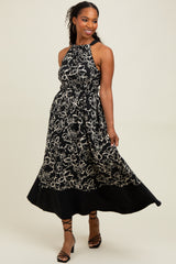 Black Floral Bow Tie Sleeveless Midi Dress