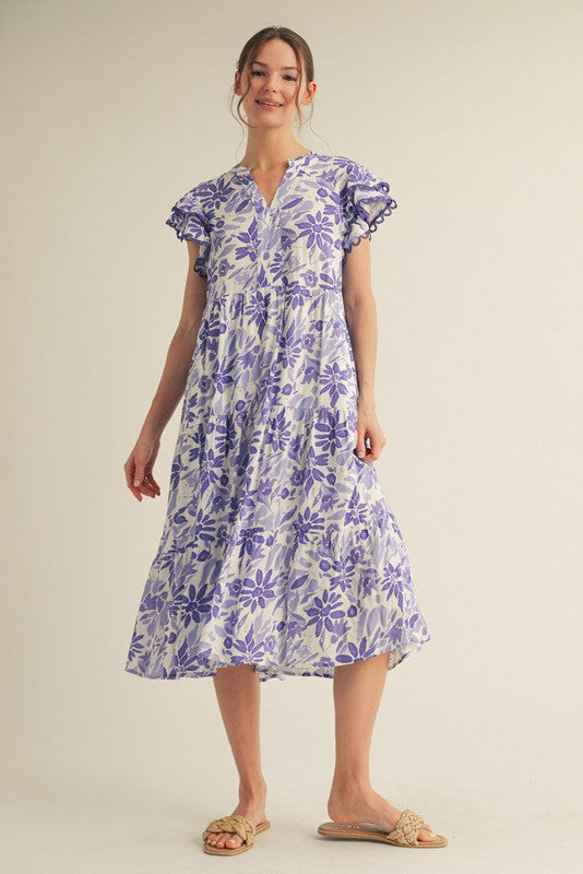 Lavender Floral Ruffle Sleeve Tiered Maternity Midi Dress