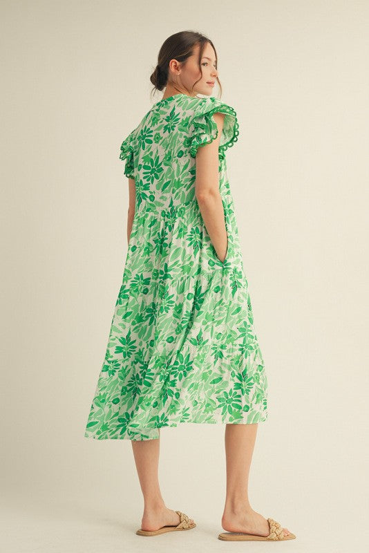 Green Floral Ruffle Sleeve Tiered Midi Dress