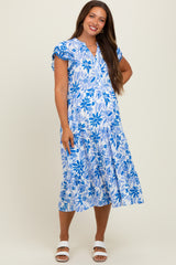 Blue Floral Ruffle Sleeve Tiered Maternity Midi Dress