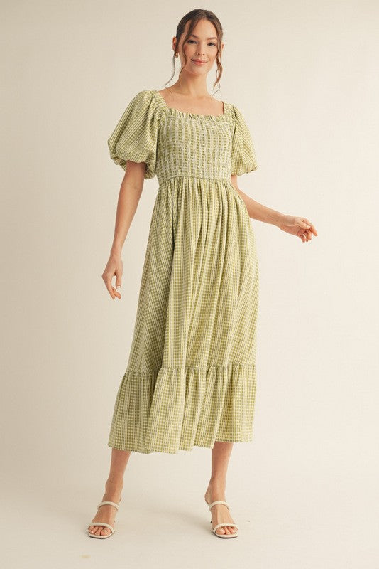 Light Olive Gingham Smocked Puff Sleeve Midi Dress