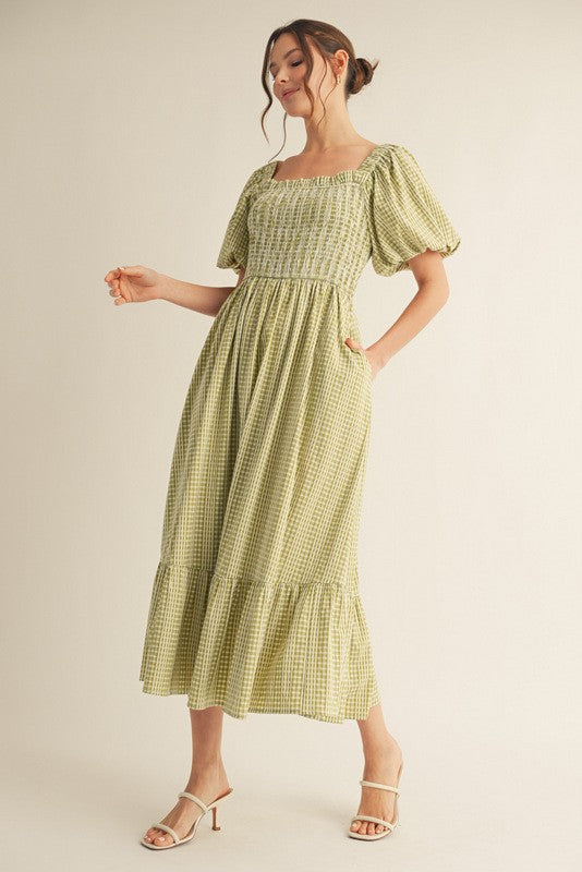 Light Olive Gingham Smocked Puff Sleeve Midi Dress