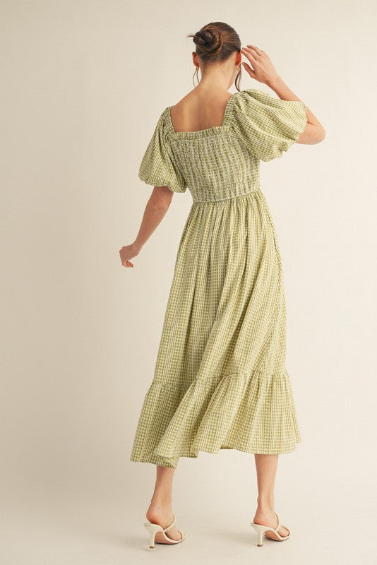 Light Olive Gingham Smocked Puff Sleeve Midi Dress
