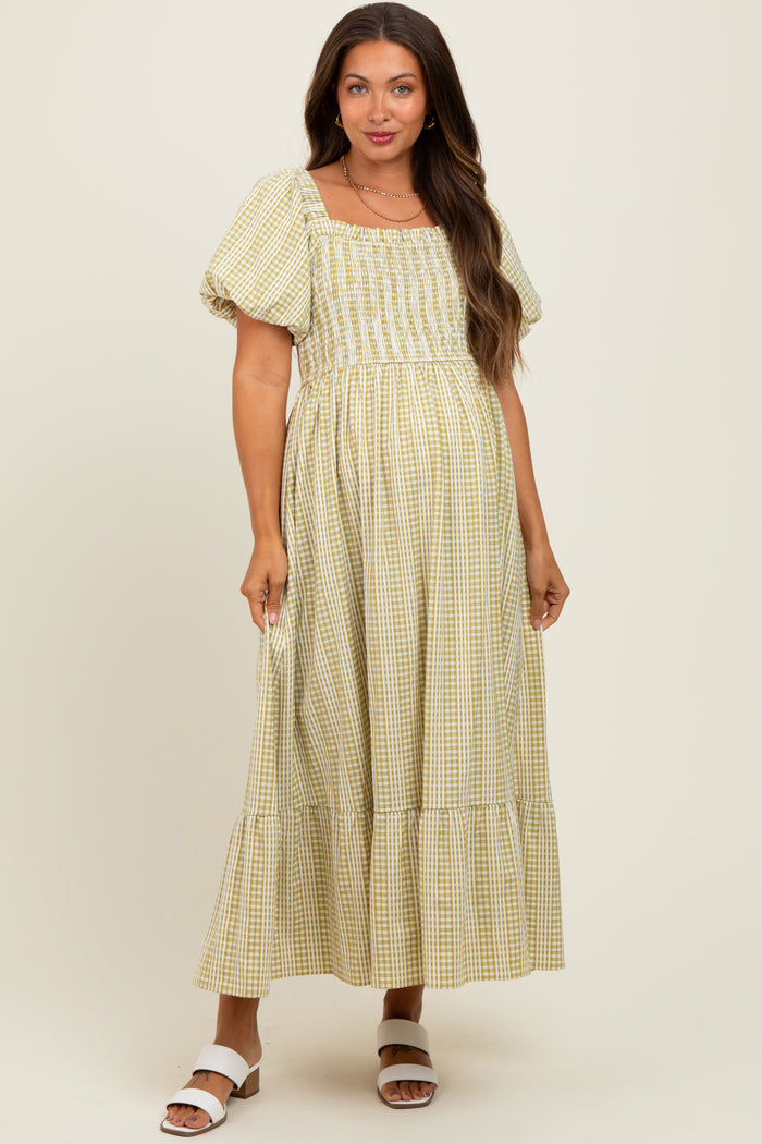 Light Olive Gingham Smocked Puff Sleeve Maternity Midi Dress