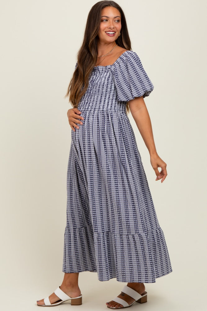 Navy Gingham Smocked Puff Sleeve Maternity Midi Dress