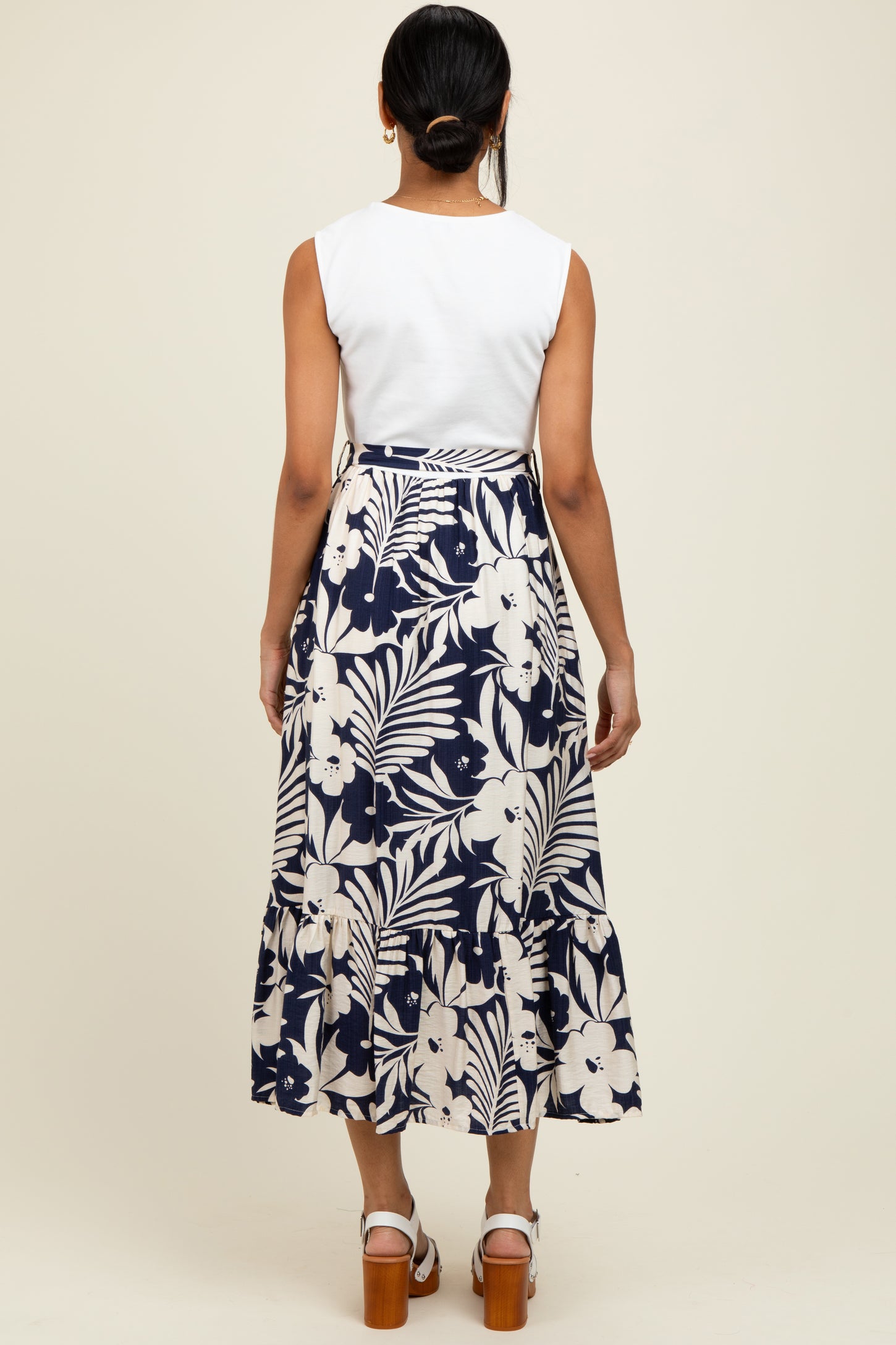 Navy Floral Contrast Top Sash Tie Sleeveless Midi Dress