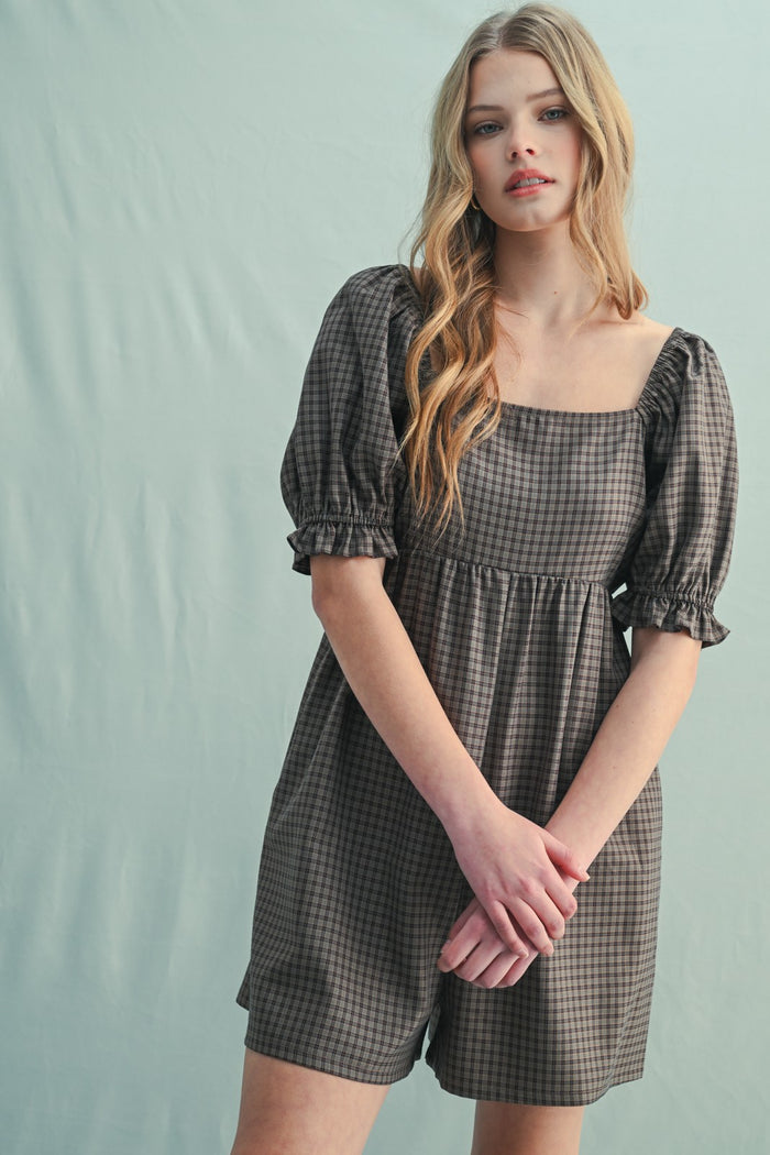 Mocha Plaid Square Neck Puff Sleeve Maternity Romper