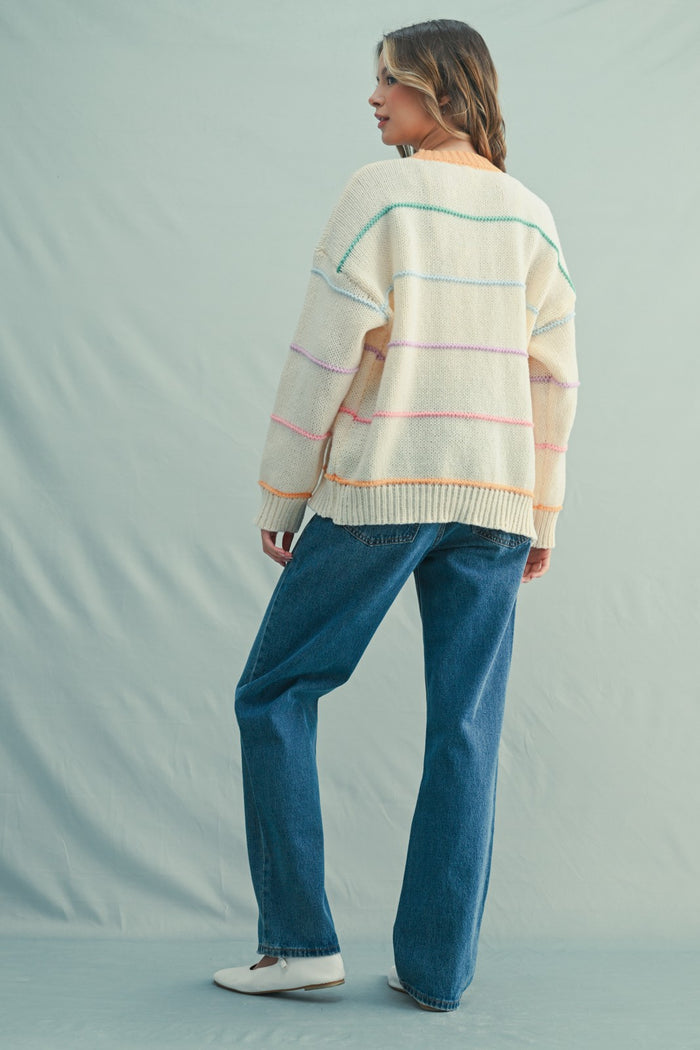 Cream Multicolor Stripe Chunky Knit Cardigan