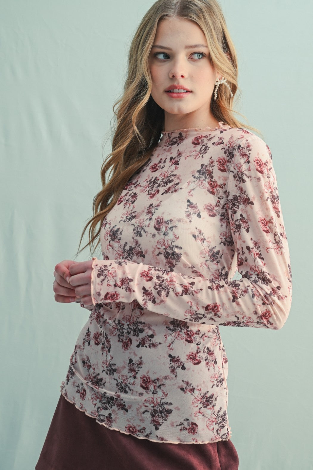 Cream Rose Floral Mesh Long Sleeve Top