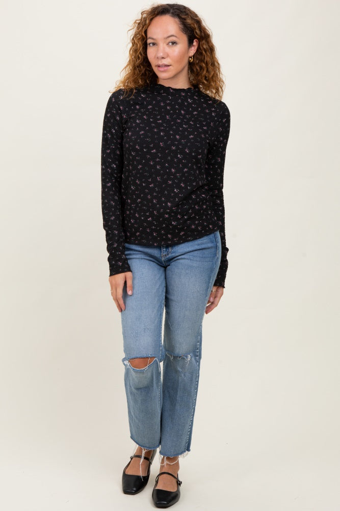 Black Floral Crinkled Texture High Neck Long Sleeve