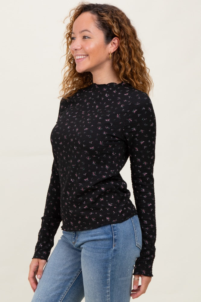 Black Floral Crinkled Texture High Neck Long Sleeve