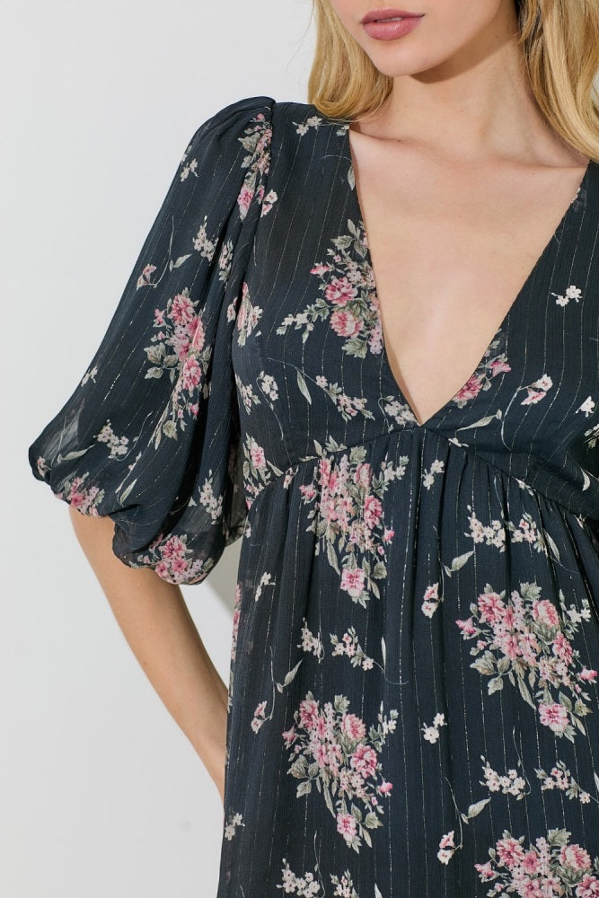 Black Floral Striped V-Neck Cutout Mini Dress
