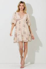 Cream Floral Striped V-Neck Cutout Maternity Mini Dress