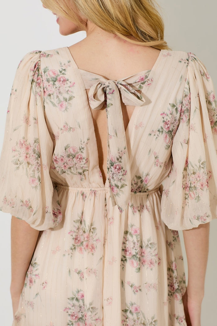 Cream Floral Striped V-Neck Cutout Mini Dress