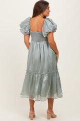 Light Olive Organza Puff Sleeve Maternity Midi Dress