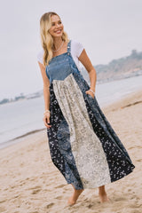 Blue Floral Colorblock Print Denim Contrast Dress