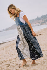 Blue Floral Colorblock Print Denim Contrast Dress