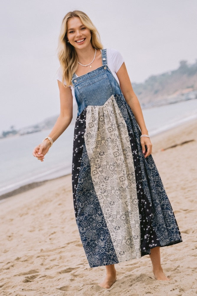 Blue Floral Colorblock Print Denim Contrast Dress
