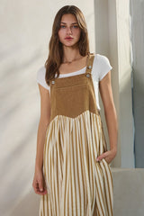 Camel Striped Colorblock Denim Contrast Maxi Dress