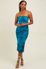 Turquoise Mesh Abstract Print Strapless Midi Dress