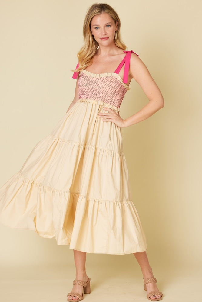 Cream Smocked Contrast Shoulder Tie Midi Dress