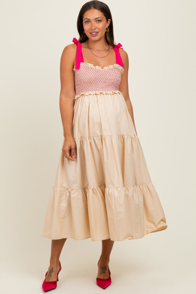Cream Smocked Contrast Shoulder Tie Maternity Midi Dress