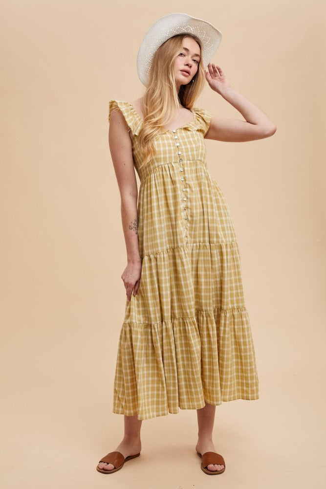Mustard Cotton Plaid Maxi Dress