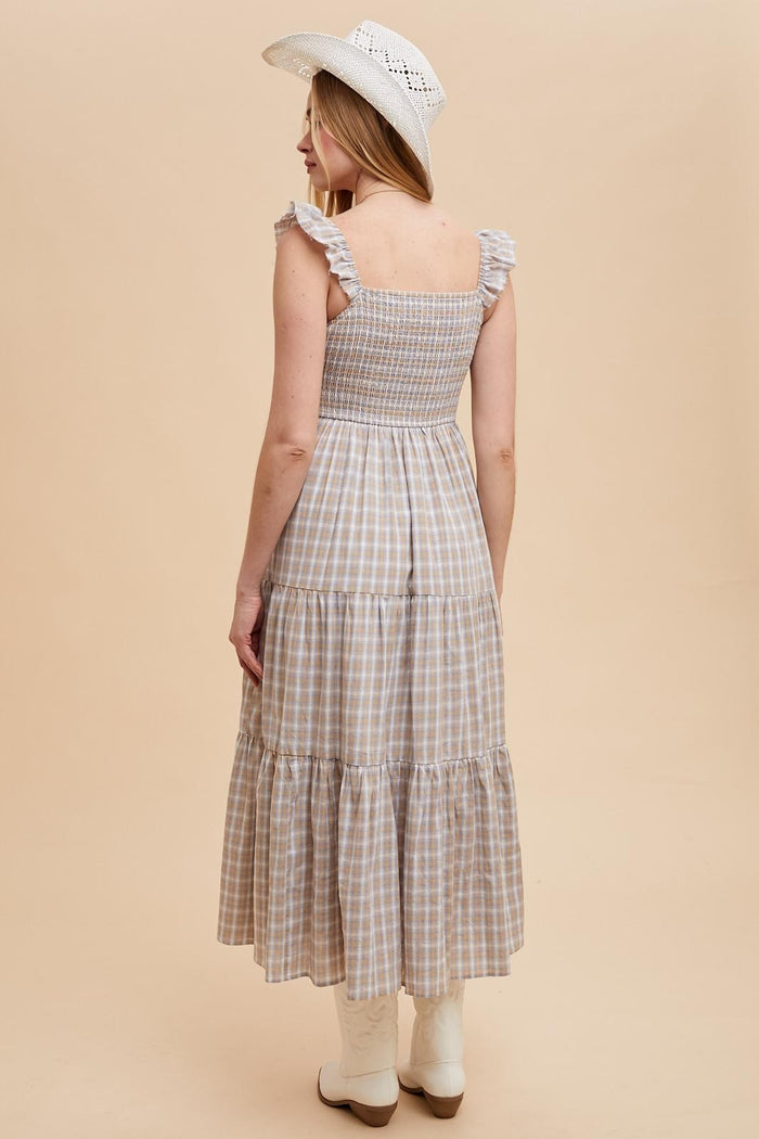 Light Blue Cotton Plaid Maxi Dress