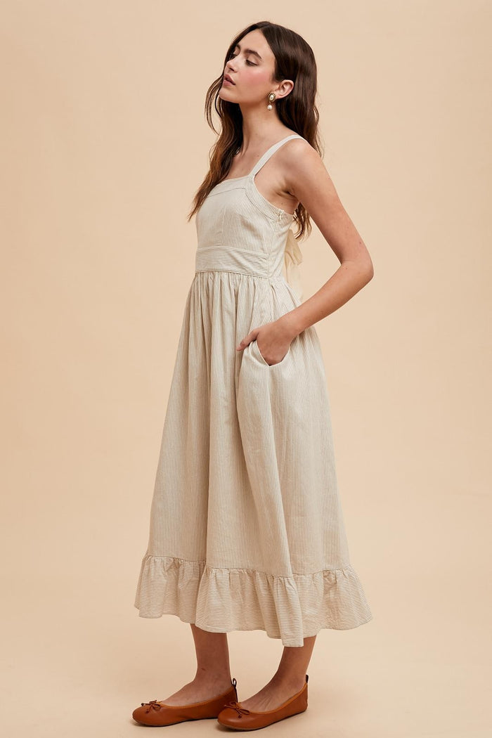 Beige Striped Cotton Sleeveless Dress