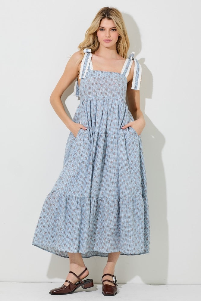 Blue Floral Gingham Shoulder Tie Midi Dress