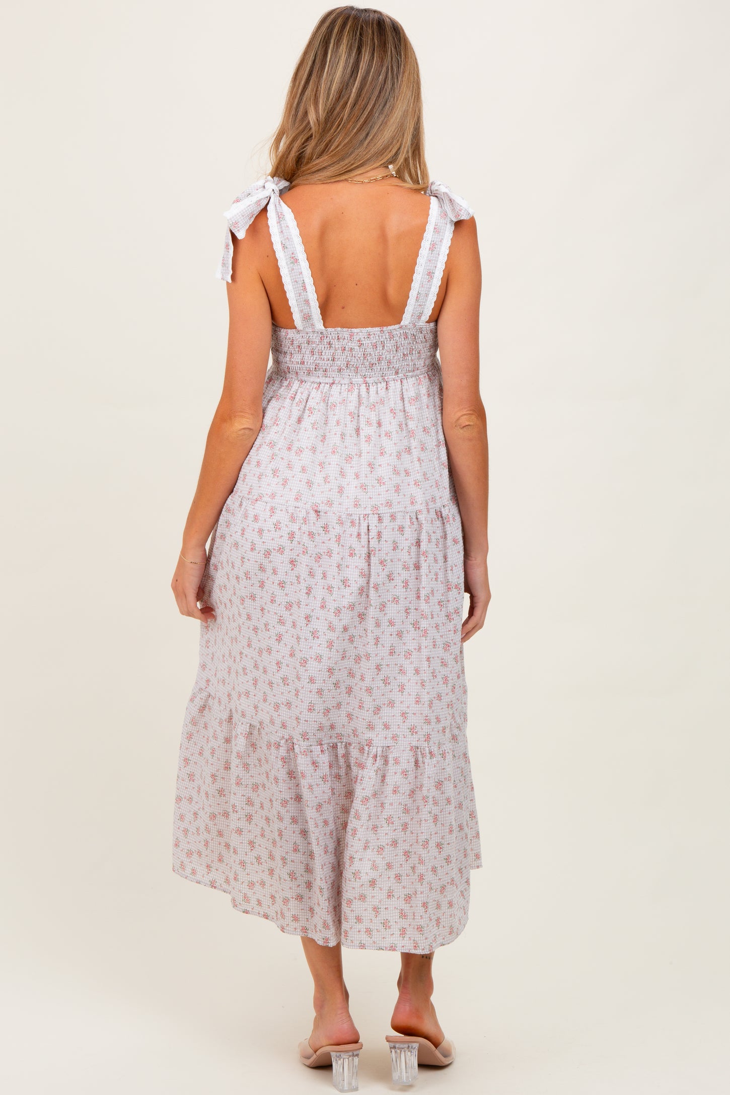 Light Taupe Floral Gingham Shoulder Tie Maternity Midi Dress