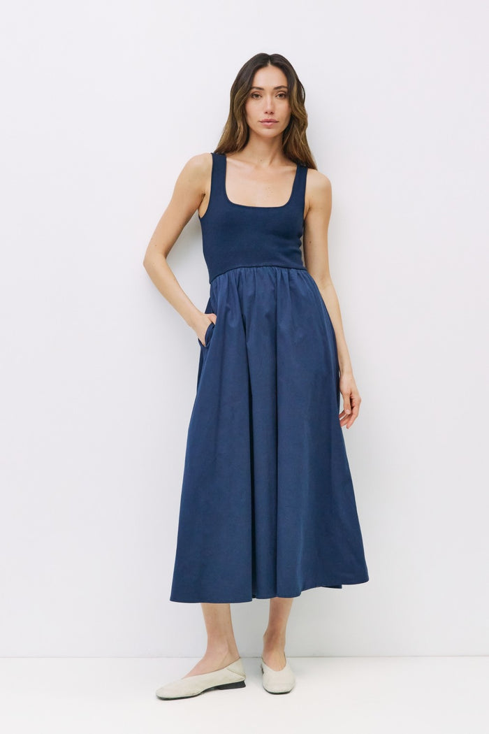 Navy Contrast Knit Poplin Sleeveless Maternity Midi Dress