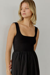 Black Contrast Knit Poplin Sleeveless Midi Dress