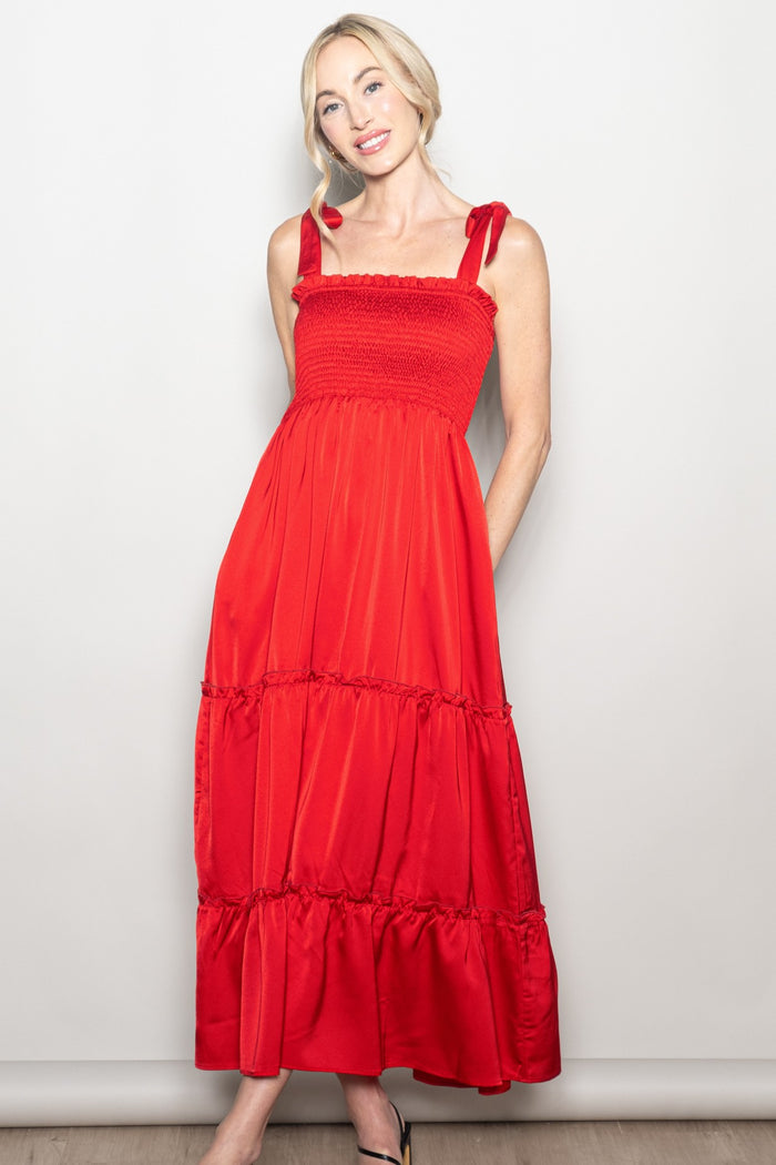 Red Satin Smocked Shoulder Tie Maternity Maxi Dress