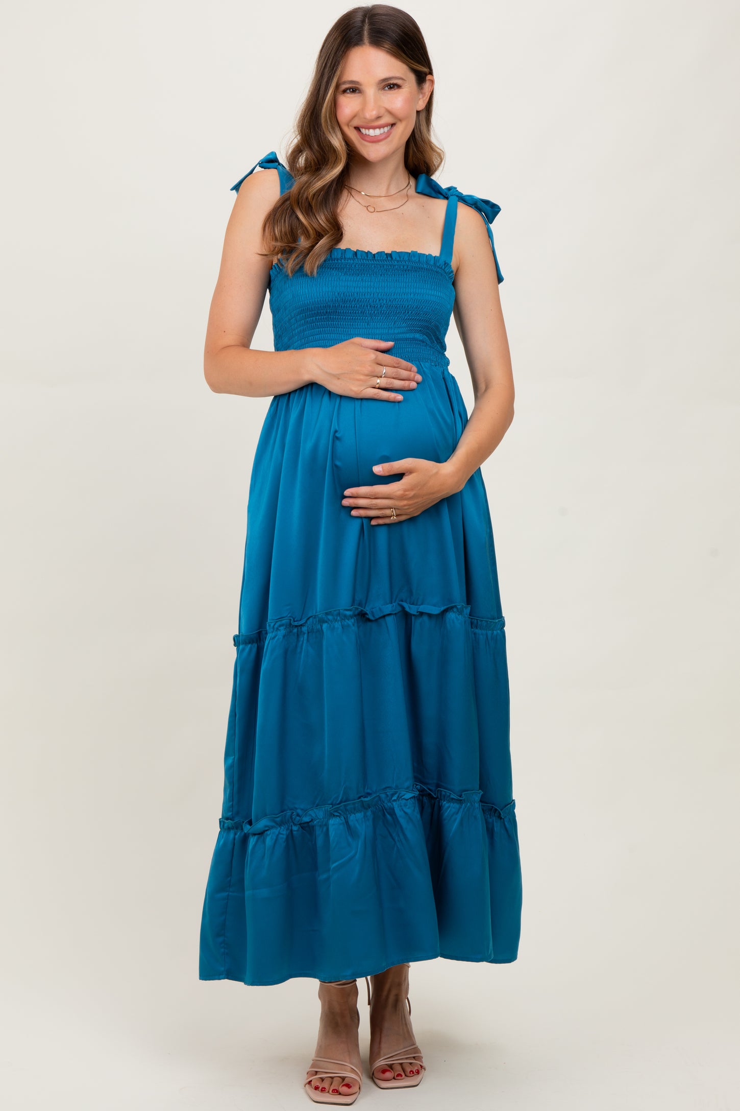 Blue Satin Smocked Maternity Maxi Dress